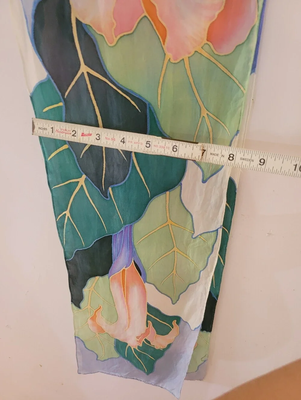 Batik Style Hand-Painted Floral Silk Scarf in Green and Pink